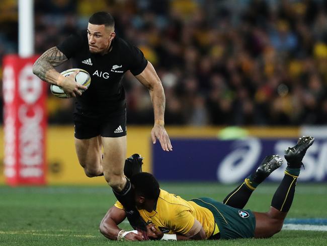 All Blacks Sonny Bill Williams makes a break during the Bledisloe Cup match. Picture: Brett Costello