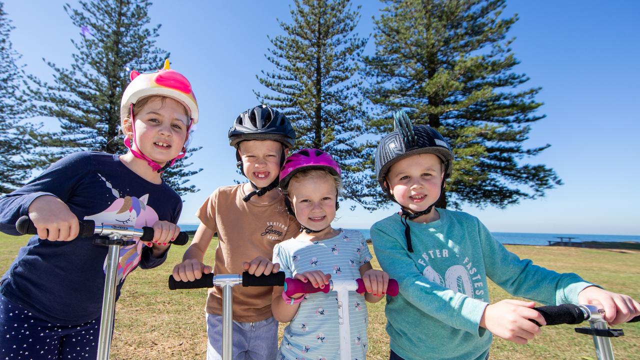 School holiday fun at Scarborough Beach Park. Elaina Leach, Rydder Malt, Josie Malt and Theo Leach, of Strathpine. Picture: Dominika Lis