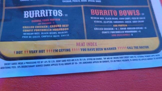 The fine print on the bottom of the El Camino menu that was posted to Reddit last month. Picture: Reddit.