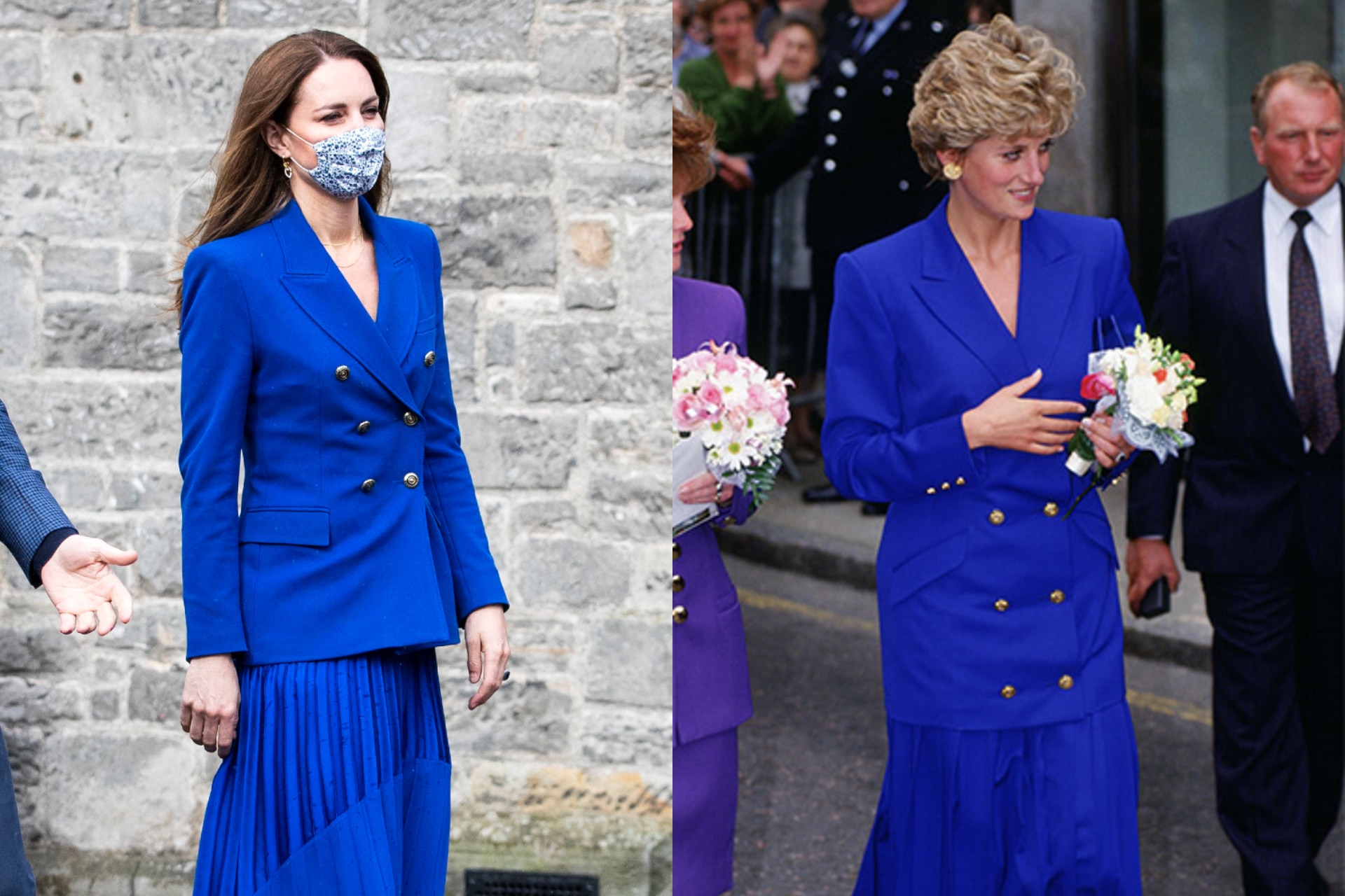 <h2>Princess Kate (2021) and Princess Diana (1992)</h2><p>On her tour of Scotland with Prince William, the Duchess of Cambridge wore a bright blue Zara blazer over a pleated skirt by label Hope, accessorising with a suede clutch and matching tan heels. <a href="https://www.hellomagazine.com/fashion/royal-style/20210524113839/kate-middleton-blue-pleated-skirt-zara-blazer-like-princess-diana/" target="_blank" rel="noopener"><em>Hello!</em> </a>pointed out that Princess Diana wore almost an exact version of the outfit in September 1992, <a href="https://www.vogue.com.au/fashion/trends/the-hidden-meaning-behind-13-of-kate-middletons-most-iconic-outfits/image-gallery/ca71f517a0bcb7f4db719c7d2dde77c4" target="_blank" rel="noopener">a parallel with increased significance in light of the latest findings surrounding her mother-in-law</a>'s interview in 1995 with the BBC, <a href="https://www.vogue.com.au/celebrity/royals/prince-william-and-prince-harry-condemn-the-bbcs-deceitful-interview-with-princess-diana/news-story/c2f59f2eab83cb9194a6fb1a470589f0" target="_blank" rel="noopener">where journalist Martin Bashir falsified bank statements in order to obtain an introduction to the Princess</a>.</p>