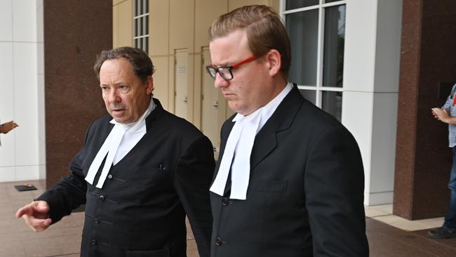 Zachary Rolfe’s defence team, David Edwardson KC and criminal lawyer Luke Officer, at the Supreme Court in Darwin during his murder trial. Picture Julianne Osborne