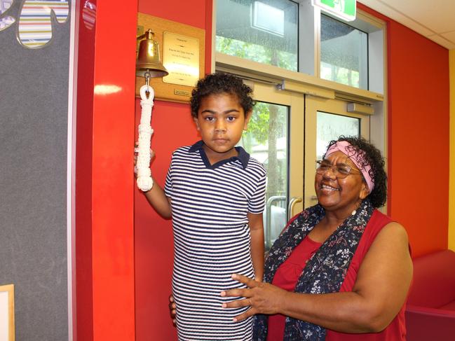 Bella Harris ringing the bell alongside her grandmother Bronwyn Tomarra. Picture: Supplied