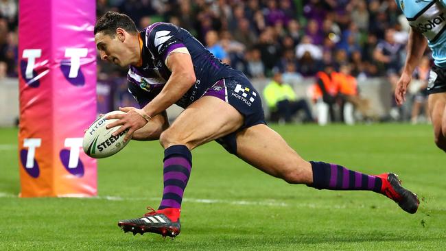 Billy Slater scores a try for the Storm against the Sharks at AAMI Park. Picture: Getty Images