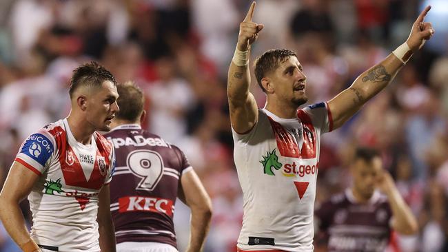 WOLLONGONG, AUSTRALIA - MARCH 30: Zac Lomax of the Dragons celebrates victory during the round four NRL match between St George Illawarra Dragons and Manly Sea Eagles at WIN Stadium, on March 30, 2024, in Wollongong, Australia. (Photo by Mark Metcalfe/Getty Images)