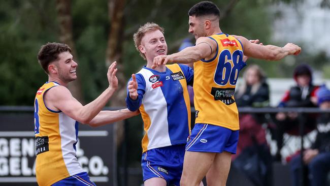 James Condello celebrates a goal in his Macleod return. Picture: George Salpigtidis