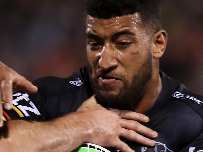 PENRITH, AUSTRALIA - MAY 17: Viliame Kikau of the Panthers is tackled during the round 10 NRL match between the Penrith Panthers and the New Zealand Warriors at Panthers Stadium on May 17, 2019 in Penrith, Australia. (Photo by Mark Kolbe/Getty Images)