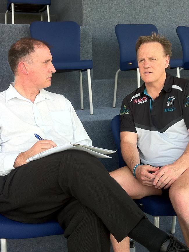 Port Adelaide's chief executive officer Keith Thomas talking with The Advertiser's Michelangelo Rucci in Shanghai this week.