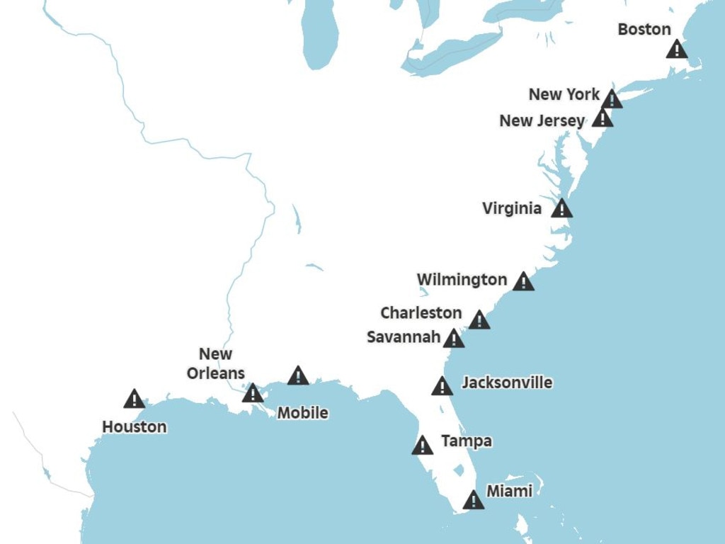 East coast ports affected by the strike. Picture: OpenStreeMap contributers