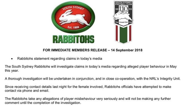 The South Sydney Rabbitohs release a statement this morning.