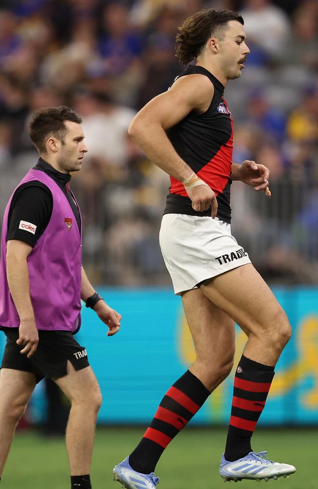 Sam Draper hobbles from the field after the injury. Picture: Paul Kane/Getty Images