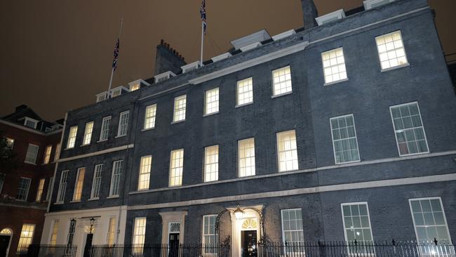 LONDON, ENGLAND - OCTOBER 15: The union flag flies at half mast in Downing Street following the murder of Sir David Amess. Picture: Getty