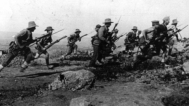 Australian soldiers at Gallipoli in 1915 during a bayonet charge in WWI arranged by offic