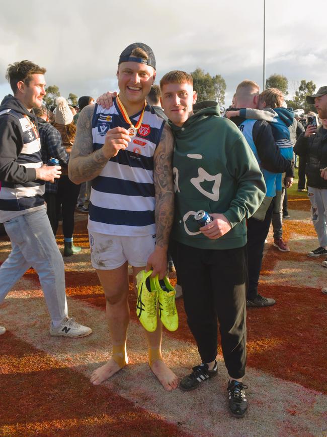 West Gippsland league grand final match 2024 — Phillip Island Bulldogs V Nar Nar Goon "The Goon" Football Club at Garfield Recreation Reserve on September 14, 2024: Dermie Yawney and Jimmy Harrison. Picture: Jack Colantuono