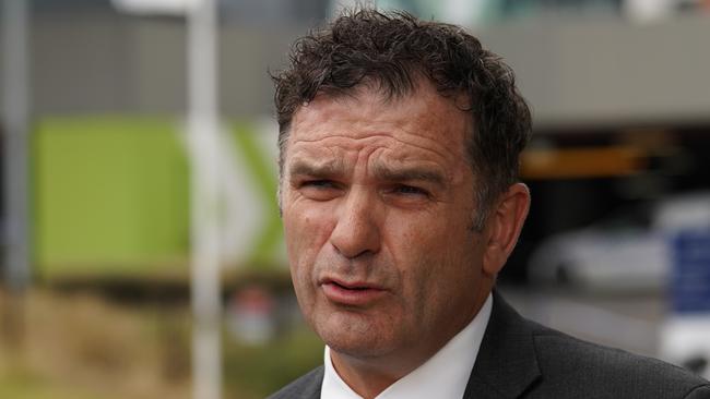 Detective Inspector Andrew Stamper speaks to the media outside Polaris Town Centre. Picture: AAP/ Stefan Postles