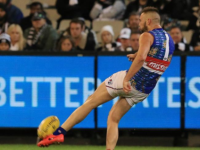 Matthew Suckling unloads with his left foot.