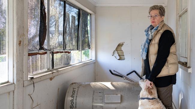 Julia Melvin and her dog Bella in her South Lismore home. She has been living in a caravan and is desperate for answers. Picture: Danielle Smith