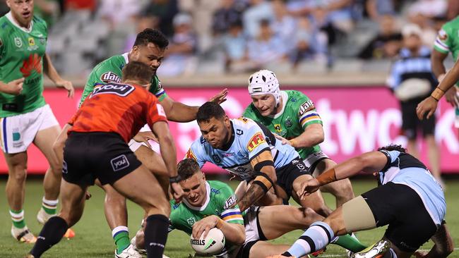 Jack Wighton was unstoppable for the Raiders, scoring his tenth career double to snatch victory from the Sharks. Picture: Getty Images.