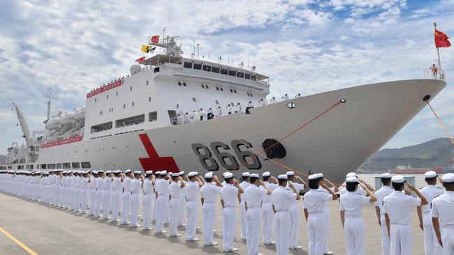 Chinese naval hospital ship Peace Ark departs from a port for a number of countries in South Pacific for humanitarian medical work. Picture: Getty Images