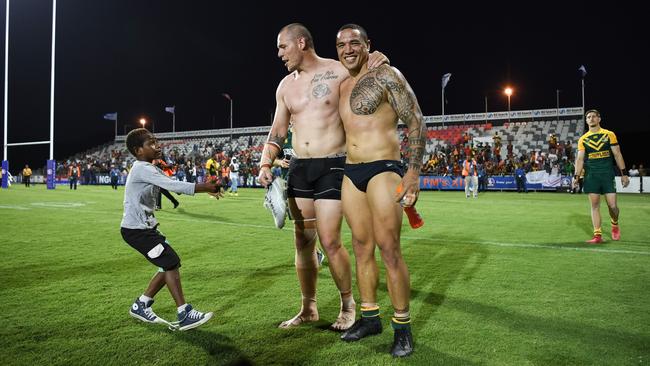 Frizell with David Klemmer after the 2018 PM's XIII game in Port Moresby. Photo: Nathan Hopkins/NRL Photos