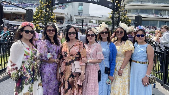 Vicky, Bo, Kim, Linda, Lyn, Thavy, Kim Heng and Kimme Te at the 2024 Crown Oaks Day, held at Flemington Racecourse. Picture: Gemma Scerri