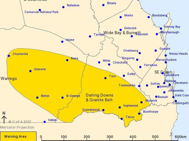 Areas to be potentially affected by the intense weather system stretch from Warwick and the Granite Belt out to western Queensland. Picture: BOM