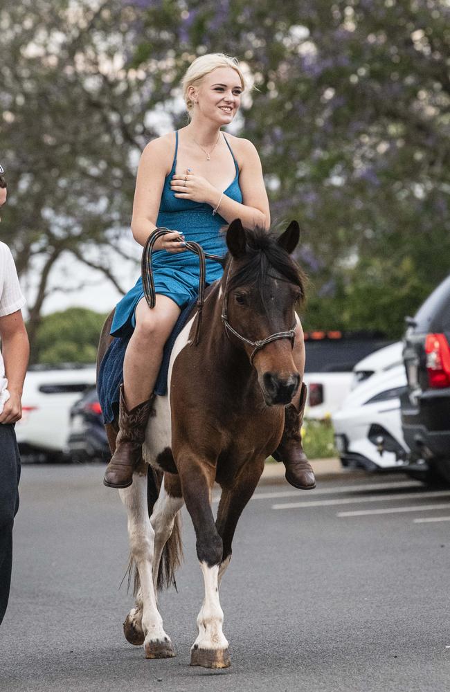 Graduate Caoilainn Finn arrives on her pony Murphy at The Industry School formal at Clifford Park Racecourse, Tuesday, November 12, 2024. Picture: Kevin Farmer