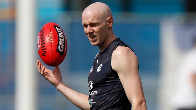 MELBOURNE, AUSTRALIA - DECEMBER 06: Sam Docherty of the Blues looks on during the Carlton Blues training session at Ikon Park on December 06, 2021 in Melbourne, Australia. (Photo by Michael Willson/AFL Photos via Getty Images)