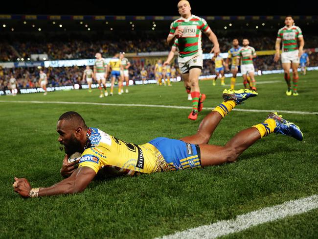 Semi Radradra dives over for the Eels. Picture: Brett Costello