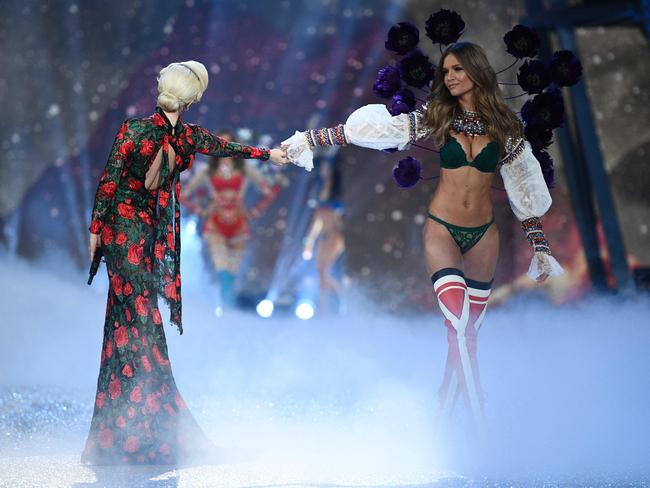 Lady Gaga performs as Josephine Skriver walks the runway during the 2016 Victoria’s Secret Fashion Show on November 30, 2016 in Paris, France. Picture: AFP