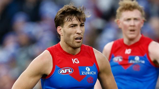 MELBOURNE, AUSTRALIA - JUNE 10: Jack Viney of the Demons and Clayton Oliver of the Demons look on during the 2024 AFL Round 13 match between the Collingwood Magpies and the Melbourne Demons at The Melbourne Cricket Ground on June 10, 2024 in Melbourne, Australia. (Photo by Michael Willson/AFL Photos via Getty Images)