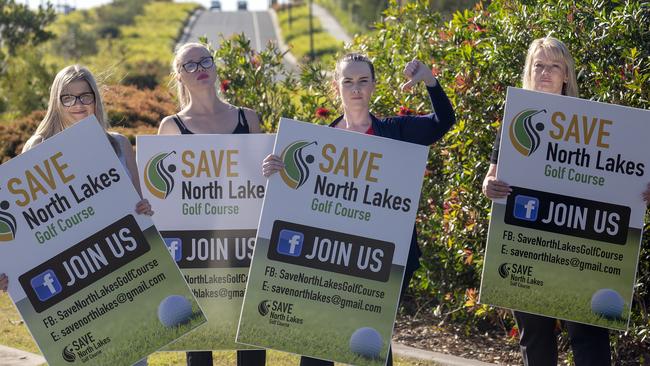 North Lakes residents Samantha Stephens, Samantha Eason, Ashlea Robinson and Jane Longmuir are against the sale of the North Lakes golf club to developers. (AAP/Image Sarah Marshall)