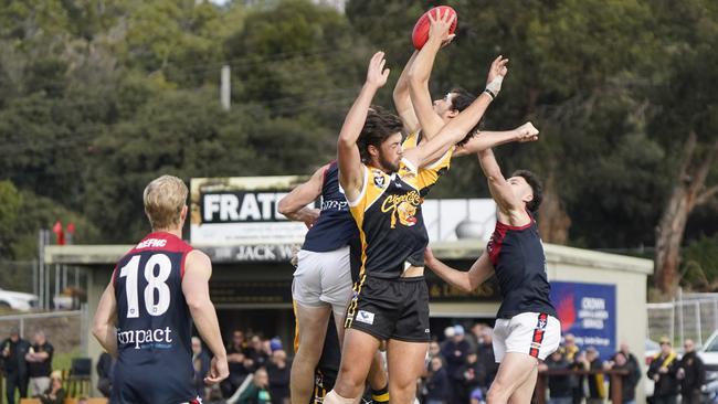 MPNFL: Frankston YCW’s Henry Berenger takes a speccie. Picture: Valeriu Campan