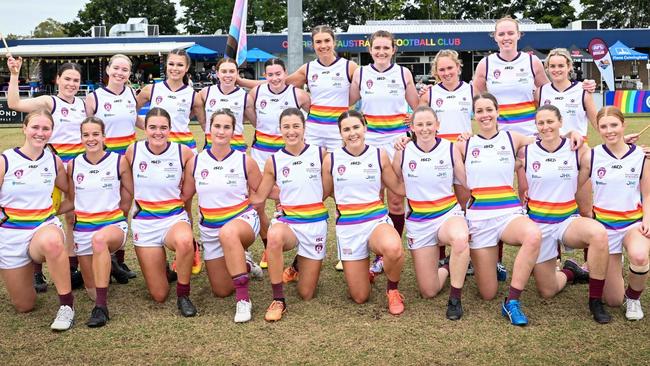 University of Queensland's QAFLW side during the 2023 Pride Round. Picture: Highflyer Images.