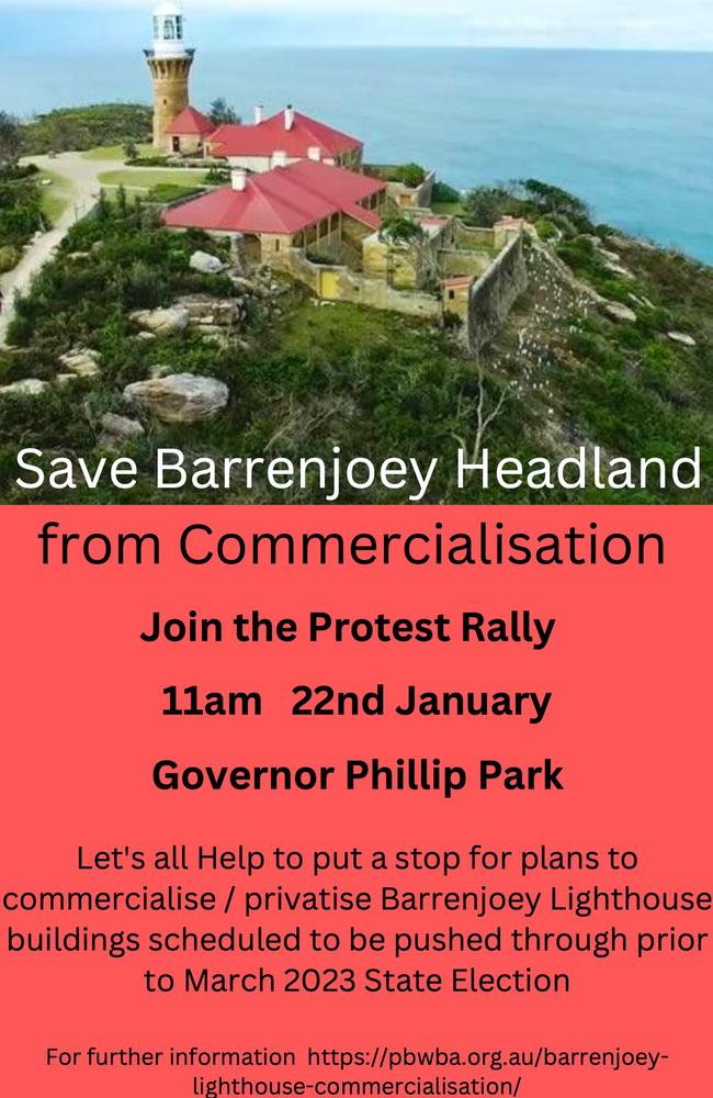 A poster publicising a protest rally to be held at Palm Beach on January 22, 2023, to stop a NSW National Parks and Wildlife Service proposal to commercialise the Barrenjoey Headland. Picture: Supplied