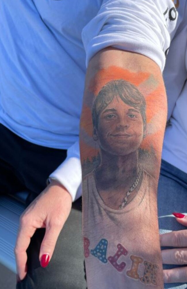 Michael Stewart shows a tattoo of his son, Balin Stewart.