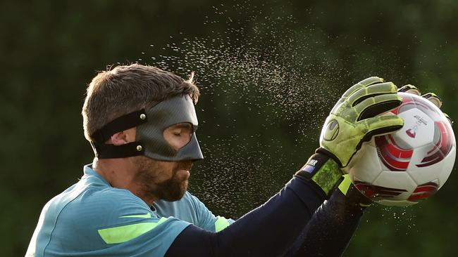 Australian goalkeeper Mat Ryan makes a save during an Australia Socceroos training session ahead. Picture: Robert Cianflone/Getty Images.