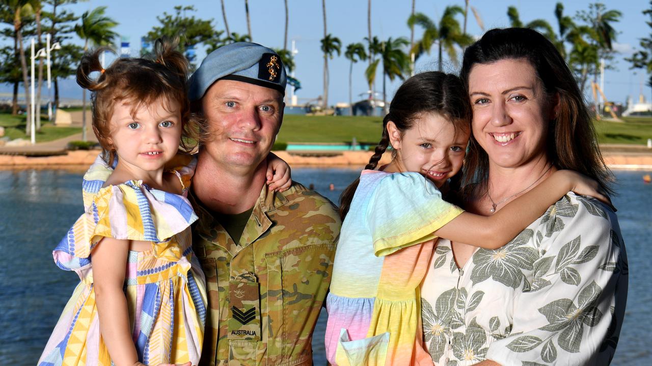 Sergeant Leigh Sparks, with his wife Laura and two daughters at the Rock Pool (no name for children given) from 1st Aviation Regiment, is one of the first soldiers from his unit to relocate from Darwin to Townsville. Picture: Evan Morgan