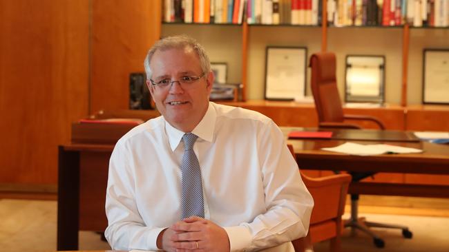 PM Scott Morrison at a Drought Response Roundtable with Deputy PM Michael McCormack and Barnaby Joyce in the Prime Ministers office at Parliament House in Canberra. Picture Kym Smith