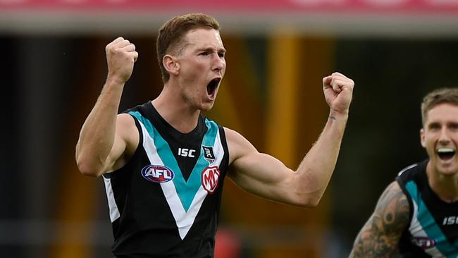 Kane Farrell of Port Adelaide celebrates his huge goal against the GWS Giants in the Power’s crucial win last week. (Photo by Matt Roberts/AFL Photos/via Getty Images)