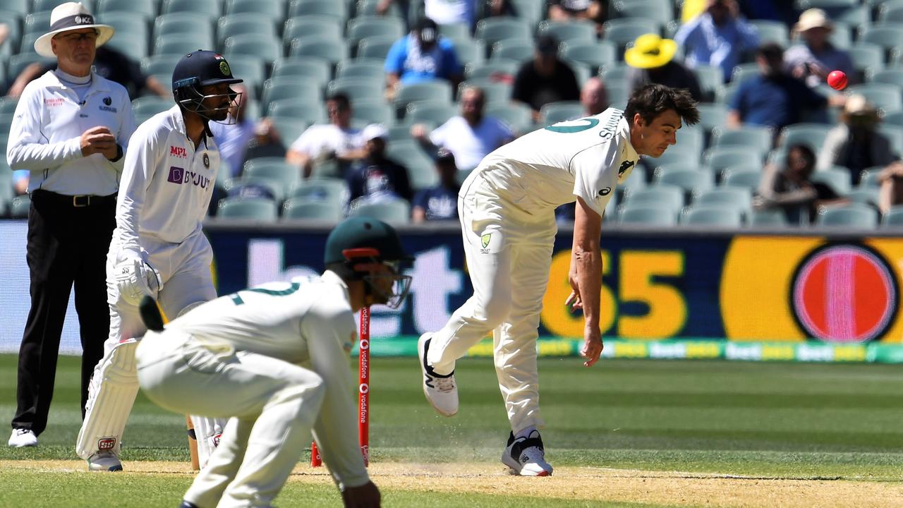 Pat Cummins terrorised the Indian batsmen in Adelaide. Picture: AFP