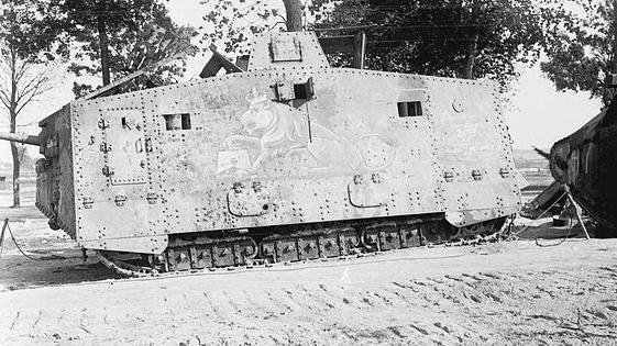 Raoul Berthele’s photograph of the captured German Sturmpanzerwagen A7 tank named the Mephisto,