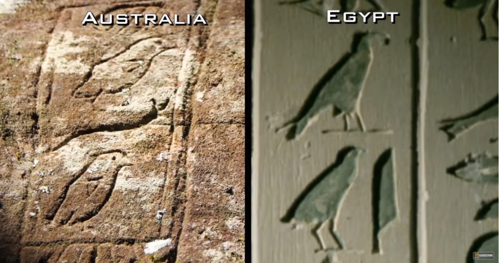 Stark relief … the engravings found in the Brisbane Water National Park, left, as compared to the real thing from Egypt, right. Picture: History Channel