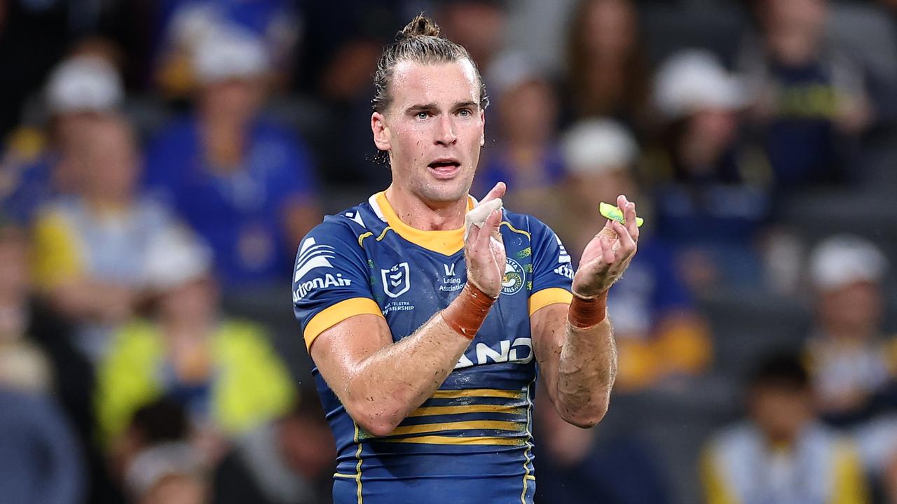 SYDNEY, AUSTRALIA – MARCH 23: Clint Gutherson of the Eels reacts during the round four NRL match between the Parramatta Eels and Penrith Panthers at CommBank Stadium on March 23, 2023 in Sydney, Australia. (Photo by Cameron Spencer/Getty Images)