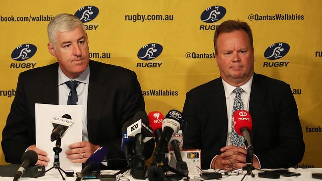 ARU chairman Cameron Clyne (left) and CEO Bill Pulver at Monday’s press conference.