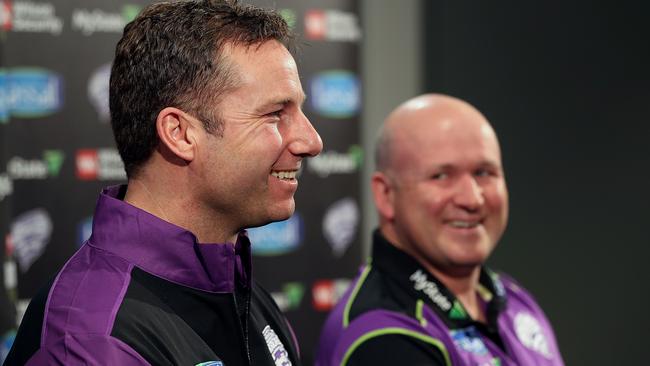 BBL Hobart Hurricanes and Tasmanian Tigers coach Adam Griffith, left, and Cricket Tasmania CEO Nick Cummins at today’s press conference. Picture: SAM ROSEWARNE