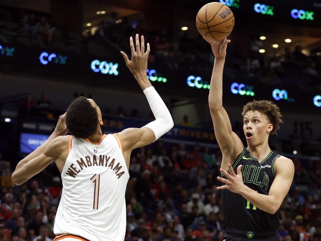 Dyson Daniels previously played #11 for the New Orleans Pelicans, as seen here playing against the San Antonio Spurs on April 5, but was traded to little fanfare to the Atlanta Hawks in the off-season. Picture: Tyler Kaufman/Getty Images