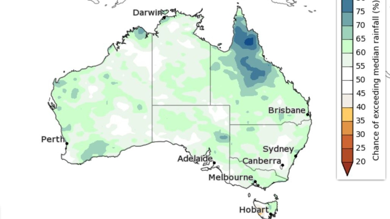 February to April rainfall is likely to be above average for northeast Queensland and much of Australia. Picture: Bureau of Meteorology