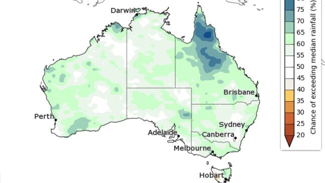 February to April rainfall is likely to be above average for northeast Queensland and much of Australia. Picture: Bureau of Meteorology