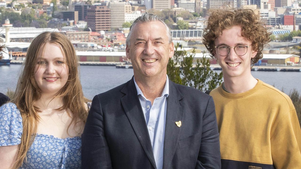 Committee for Greater Hobart CEO Danny Sutton (centre) with student participants Jaxi Peach and Sam Eccleston. Picture: Chris Kidd