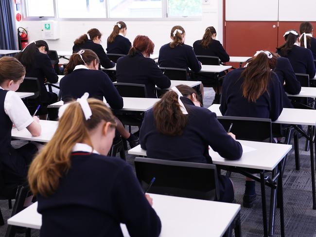 The Daily telegraph 15.10.2024 SCEGGS Darlinghurst, Students in an HSC exam mock setting. Not a real exam. Picture: Rohan Kelly